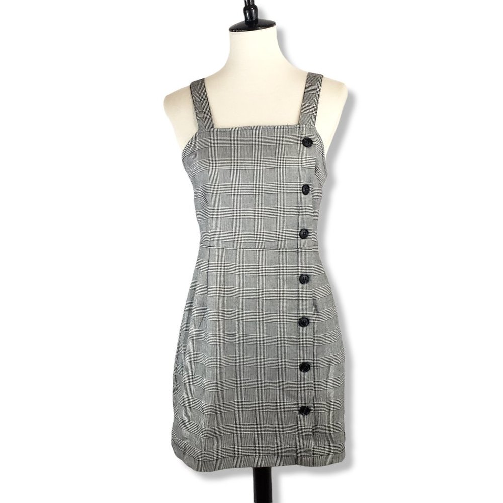 Sleeveless Plaid Mini Dress with Side Button Detail - Gray